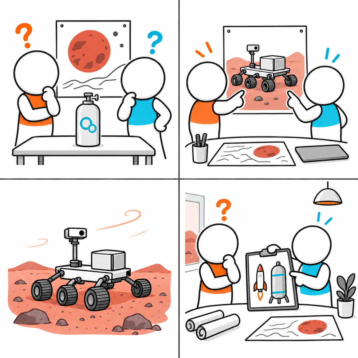 地上の相談室で、二人が酸素の容器と赤い惑星の絵を見て考えている。