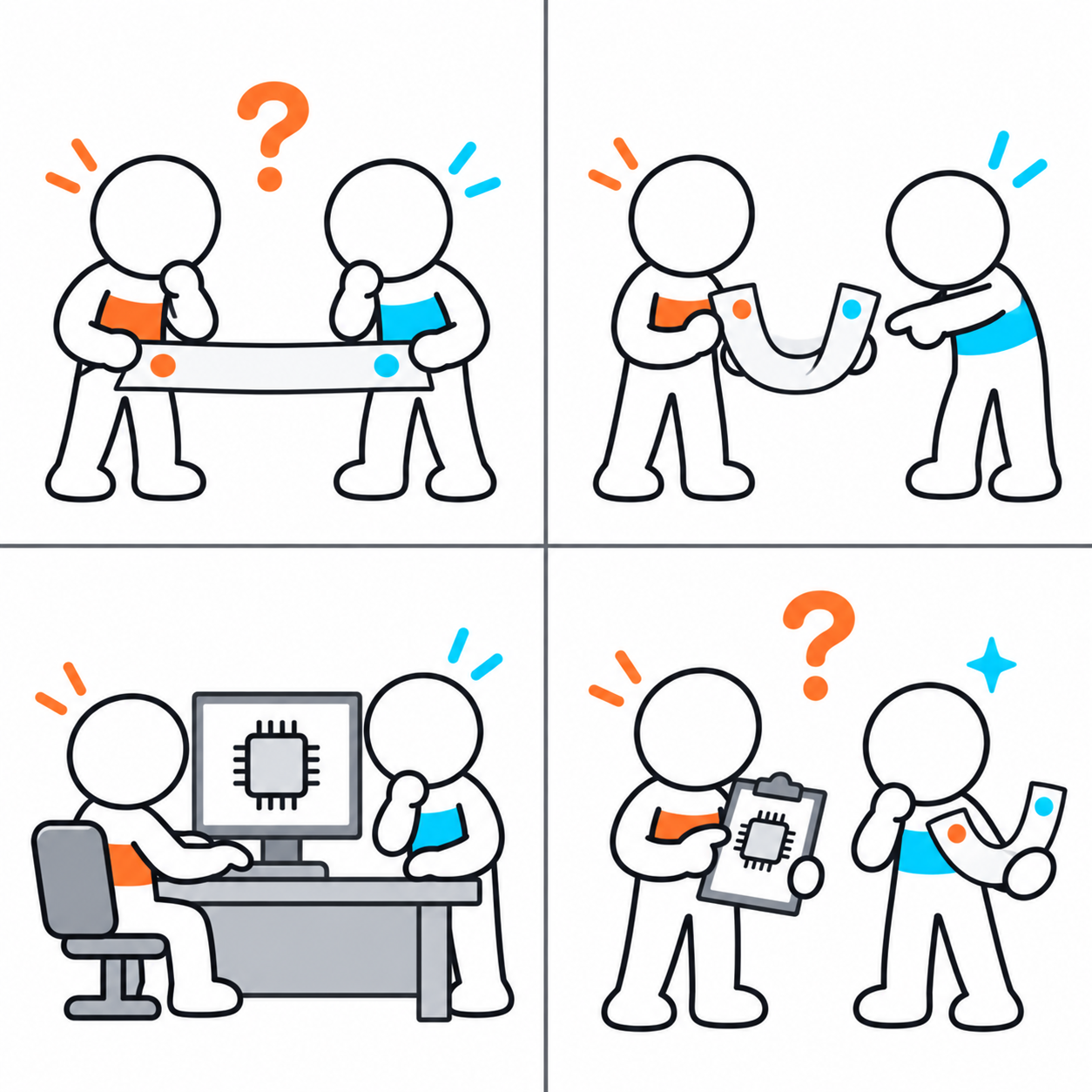 二人が長い紙の両端にあるオレンジと青の点を見て、首をかしげている。